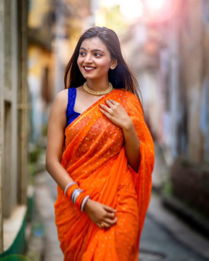 Buy SOFIYASAREE Polka Print Bollywood Chiffon Orange Sarees Online