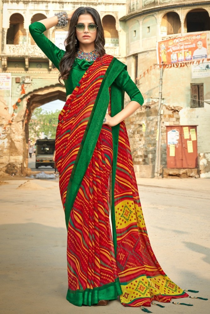 Buy KARAGIRI Printed Leheria Chiffon Red Sarees Online @ Best Price In  India