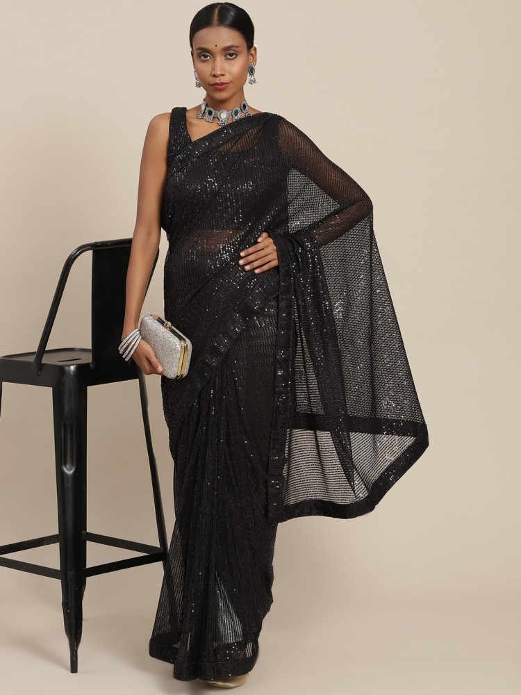 SAARYA Black Embellished Sequinned Satin Ready to Wear Saree