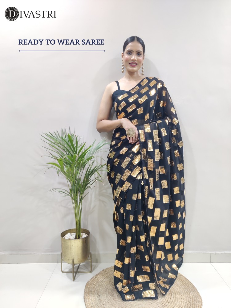 Grey Sequins Embroidered Ready To Wear Lycra Saree