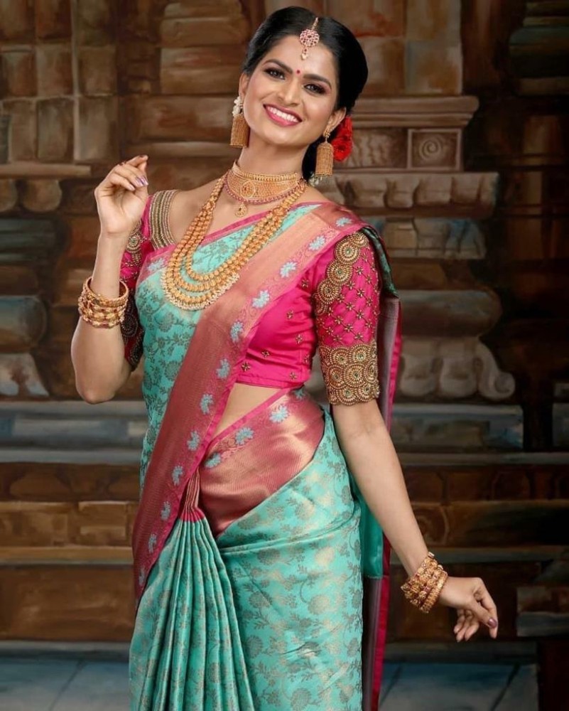 Saree, Light Blue Saree, Silk Saree, Stitched Blouse, Designer