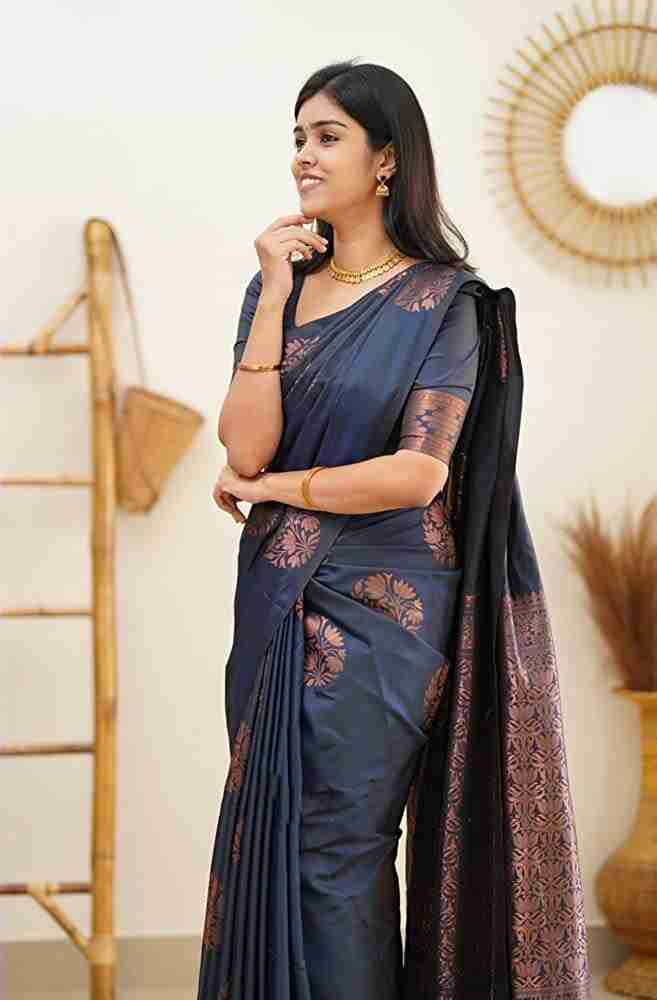 Buy Nency fashion Women's Banarasi Silk Saree With Un-stiched Blouse Piece  (Navy Blue) at