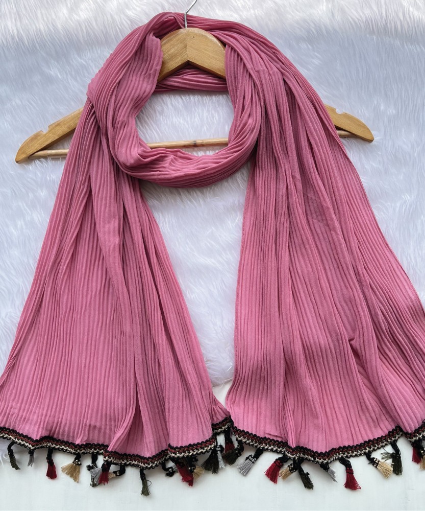 Pink Fringe Silk Scarf Silk Wrap White Tassel 