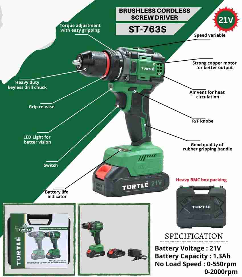 TURTLE MPT ST 763S BRUSHLESS CORDLESS SCREWDRIVER 21V MAX LI ION BATTERY CHARGER Power Hand Tool Kit Price in India Buy TURTLE MPT ST 763S BRUSHLESS CORDLESS SCREWDRIVER 21V MAX LI ION BATTERY CHARGER