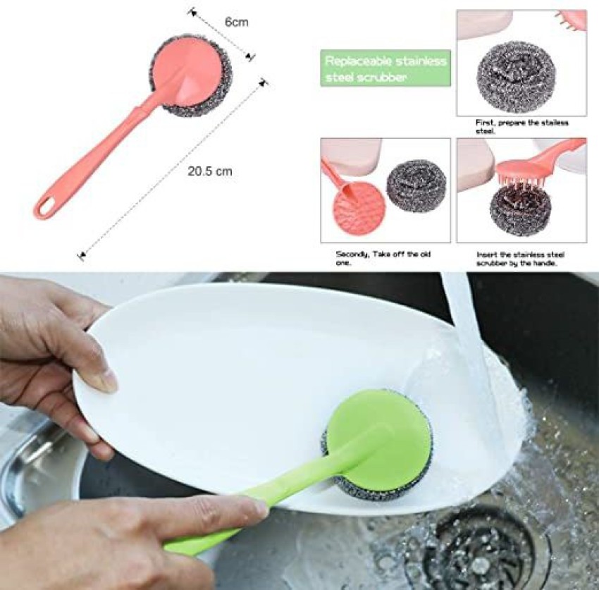 1pc Plastic Handle Pan Cleaning Brush, Kitchen Sponge Scrubber For  Non-stick Pots And Pans, Steel Wire Cleaning Ball