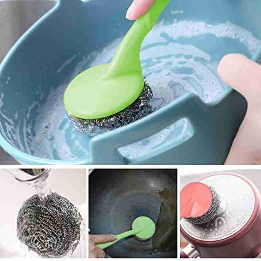 1pc Plastic Handle Pan Cleaning Brush, Kitchen Sponge Scrubber For  Non-stick Pots And Pans, Steel Wire Cleaning Ball
