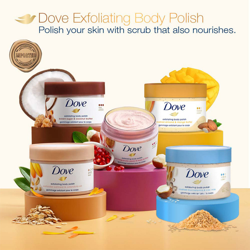 DOVE Exfoliating Body Polish Scrub Crushed Almond & Mango Butter for Dry  Skin, 298g Scrub - Price in India, Buy DOVE Exfoliating Body Polish Scrub  Crushed Almond & Mango Butter for Dry