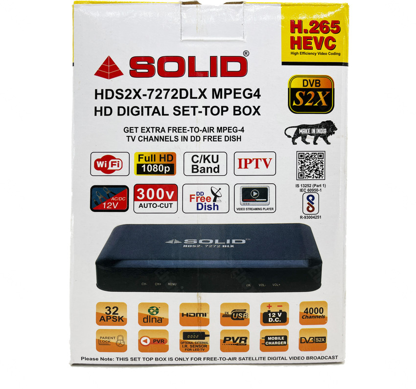 Eboxi SOLID HDS2X-7272DLX DVB-S2X HD FTA Set-Top Box LIFE TIME FREE DISH  CHANNLS Media Streaming Device - Eboxi : Flipkart.com