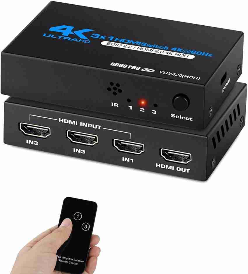 HDMI Switch 3 in 1 Out 4K HDMI Splitter, HDMI Switch with Remote Automatic  HDMI Switch Box Supports 4K UHD 3D, HDMI Switcher for PS5, PS4, Fire Stick