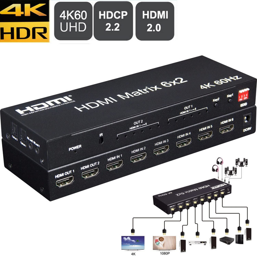 microware 6X2 HDMI Matrix Switch 4K 60hz with Optical SPDIF