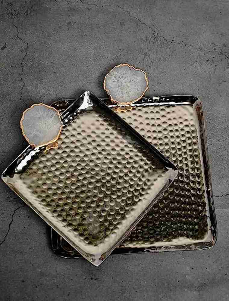 HOMEARTE INDIA Premium Square Metal Tray with Agate Stone