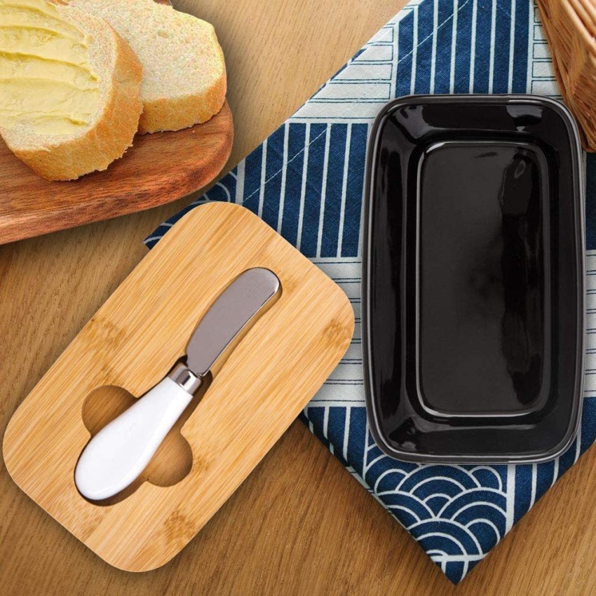 1set Ceramic Butter Dish with Bamboo Lid and Knife, Large Butter