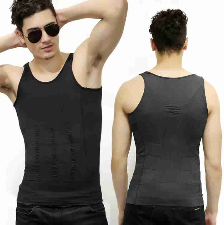 FITOLYM Men's Cotton Black e Slim N Lift Slimming Shirt Body Shaper Tummy  Tucker Vest Shape wear