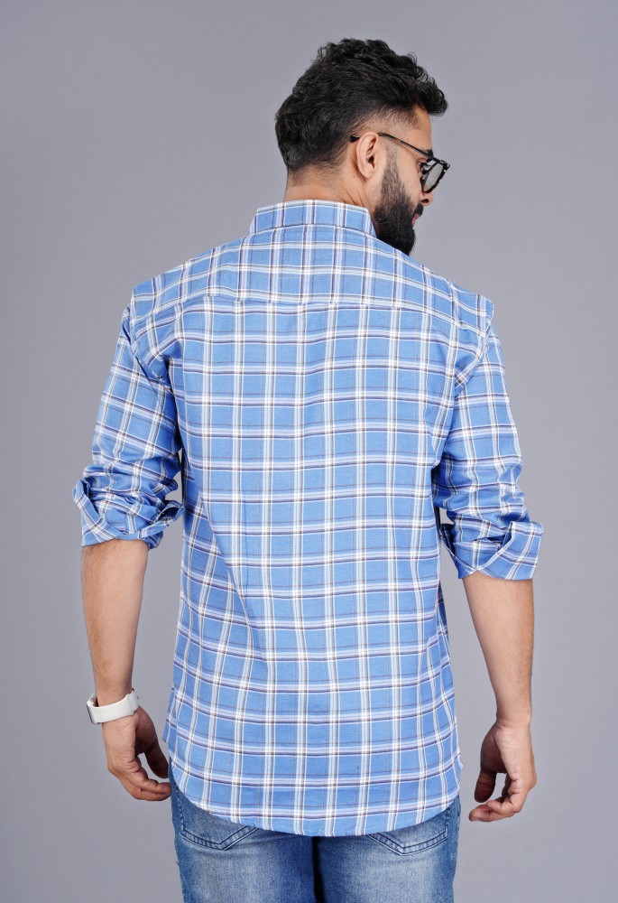 Wristy Men Checkered Casual White, Light Blue Shirt