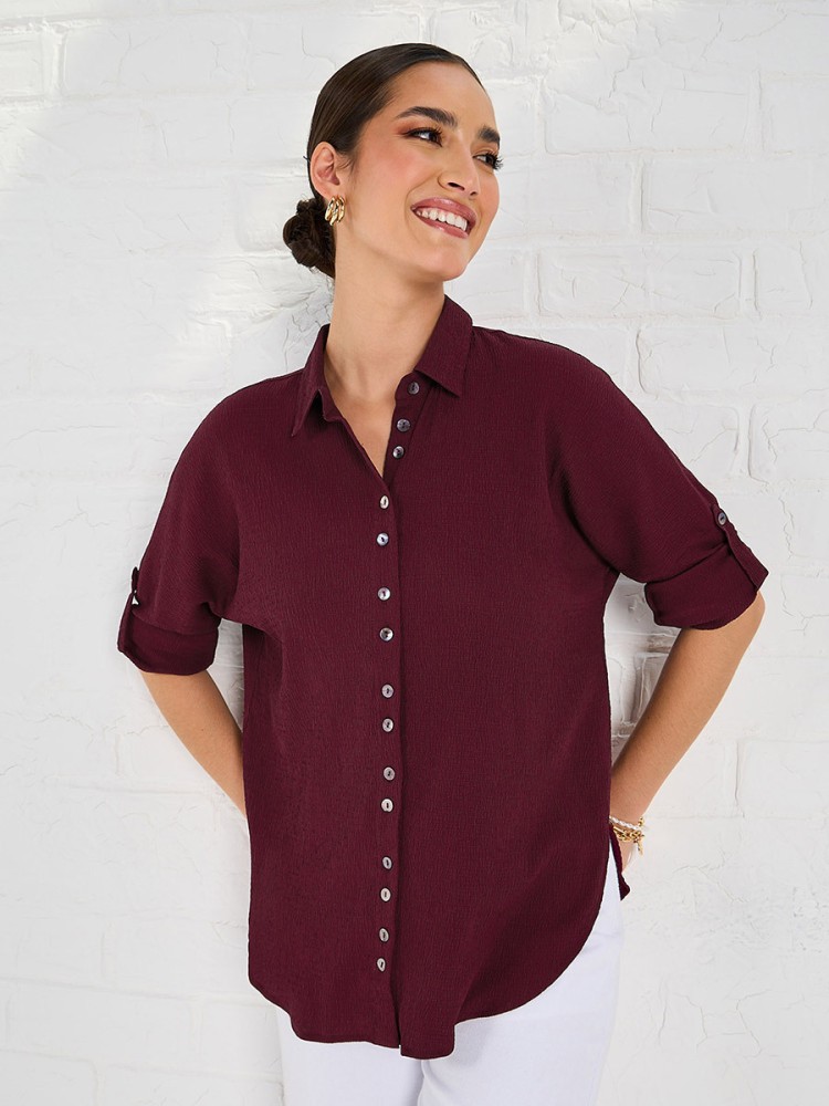 Berrylush Women Maroon Self Design Spread Collar Casual Shirt