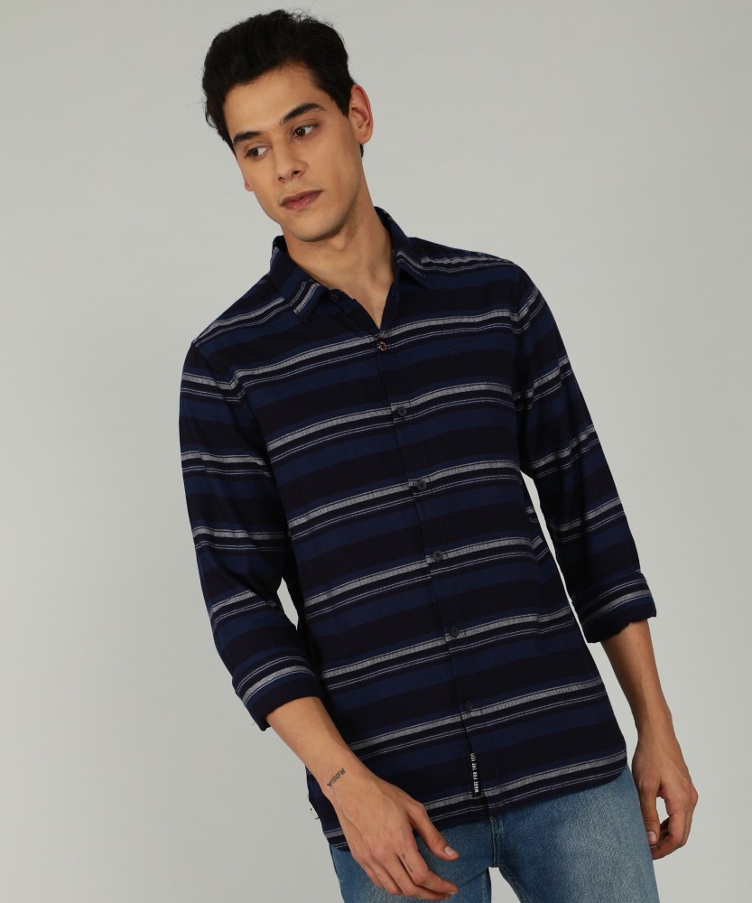 Wrogn navy blue slim best sale fit checked casual shirt