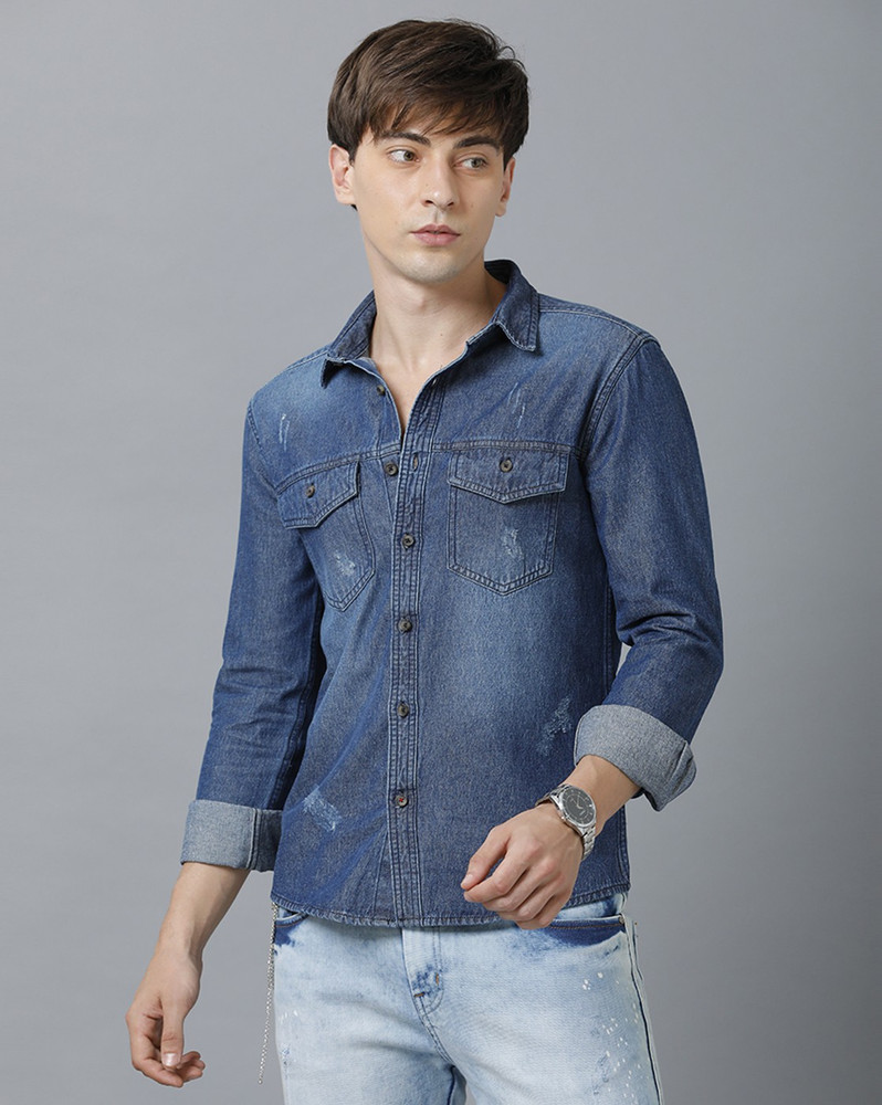 PROTOTYPE Men Washed Casual Blue Shirt Buy PROTOTYPE Men Washed