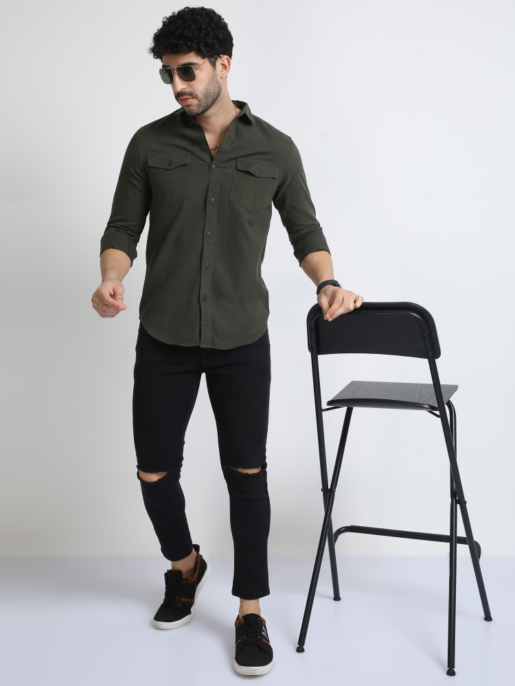 black jeans olive green shirt