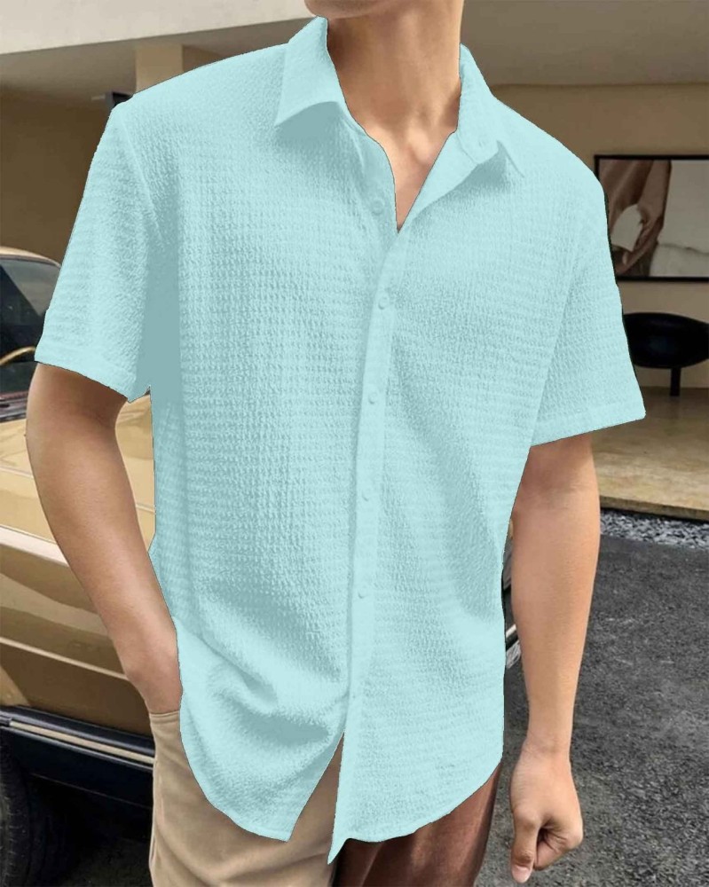 Buy Pale Blue Oversized Striped Popcorn Texture Half Sleeves Shirt Online