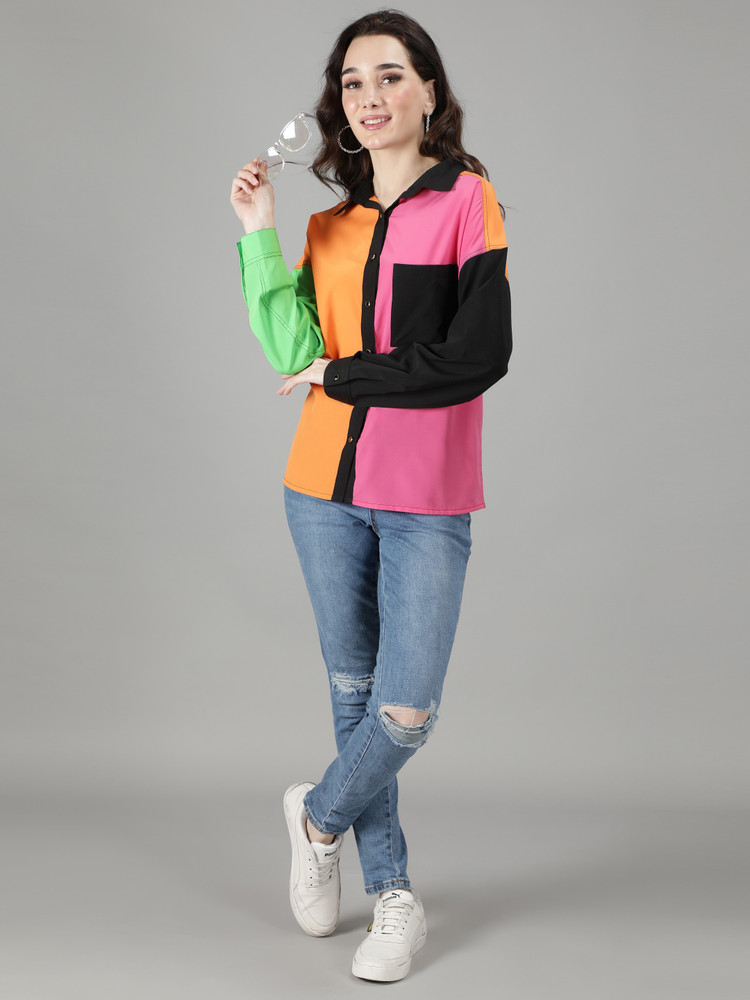 MINGLAY Women Color Block Casual Pink Shirt - Buy MINGLAY Women 