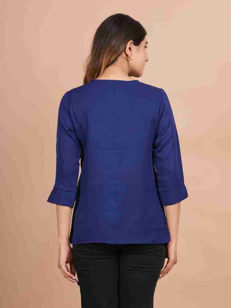 Women Navy Solid Casual Slit Neck Top