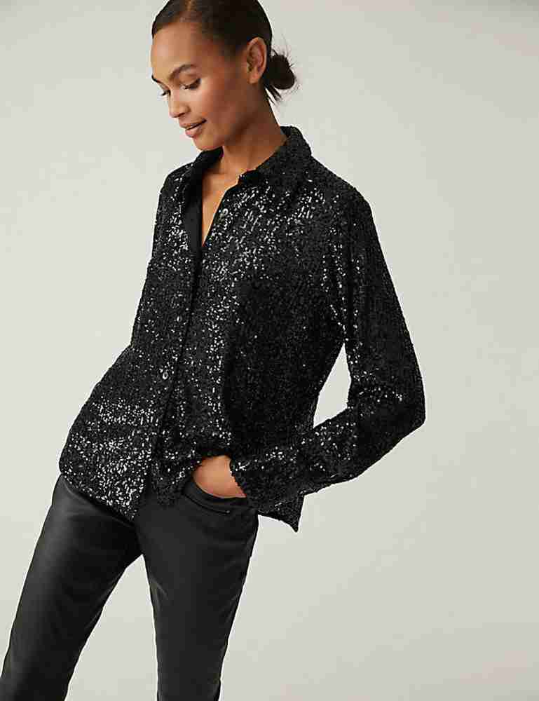 Marks & Spencer Pure Embellished Collared Shirt Plain Cotton (FEMALE, BLACK, 20)