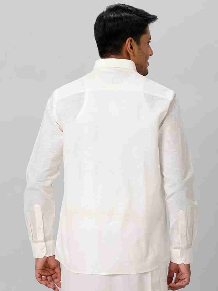 RAMRAJ COTTON Men Cotton Blend Solid Full Sleeve Cream Shirt