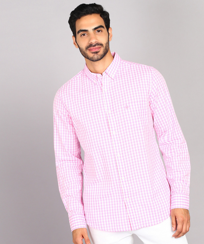 United Colors of Benetton Men Checkered Casual Pink White Shirt