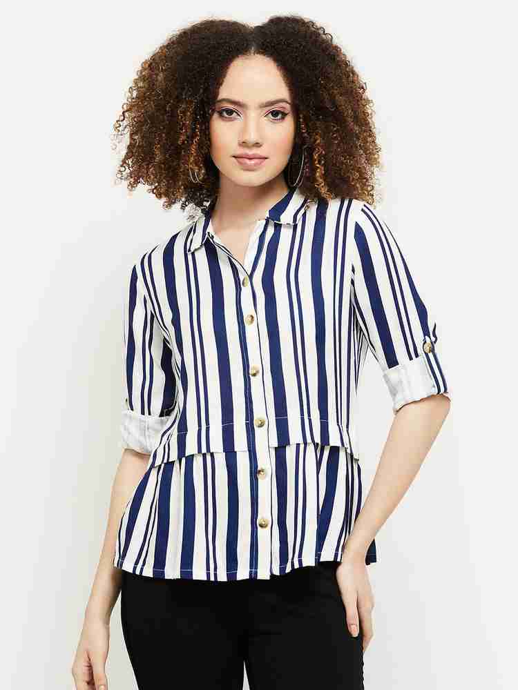 MAX Women Striped Casual White Blue Shirt Buy MAX Women Striped