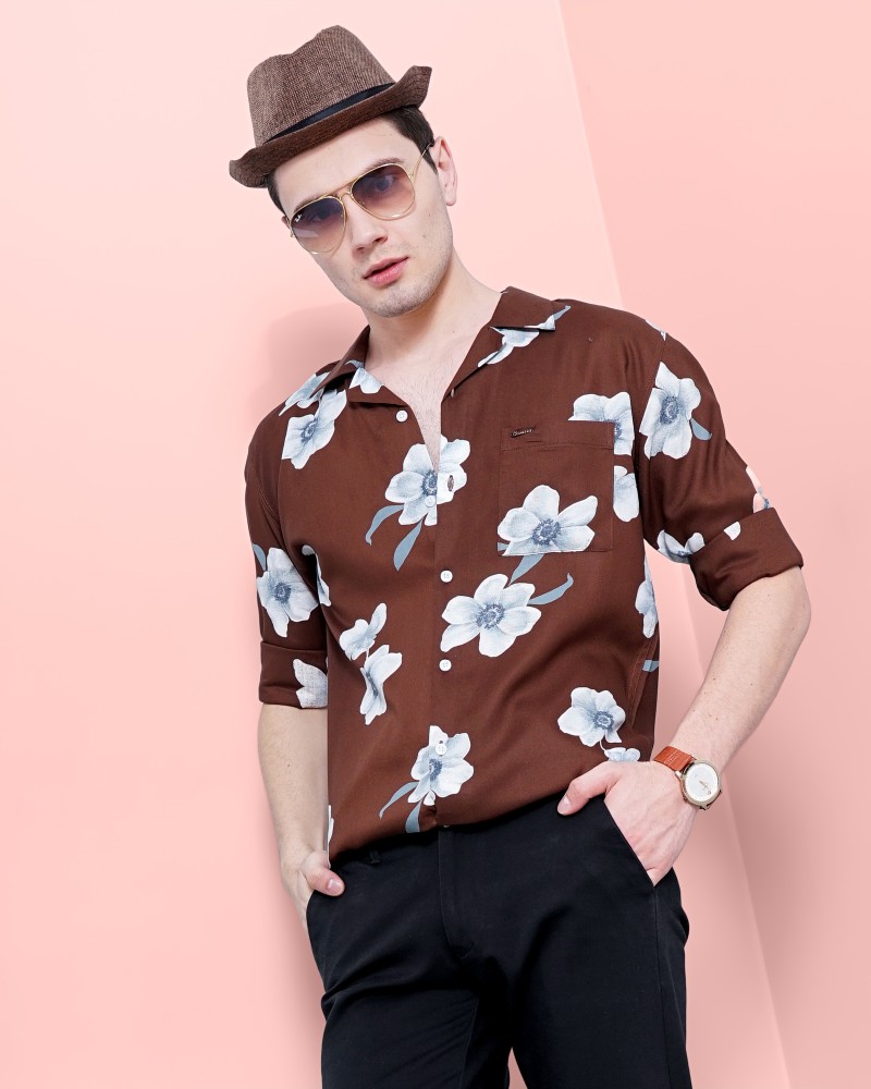 Mens Floral Beach Shirt Casual Long Sleeve Slim Fit Button Formal