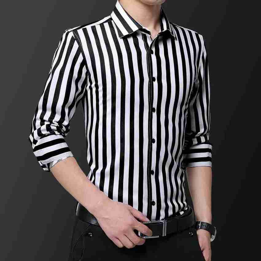 Mens black and white striped dress shirt with white collar hot sale