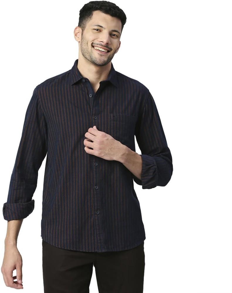 BASICS Men Striped Casual Brown, Dark Blue Shirt - Buy BASICS Men Striped  Casual Brown, Dark Blue Shirt Online at Best Prices in India