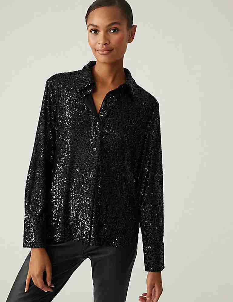 Marks & Spencer Pure Embellished Collared Shirt Plain Cotton (FEMALE, BLACK, 20)