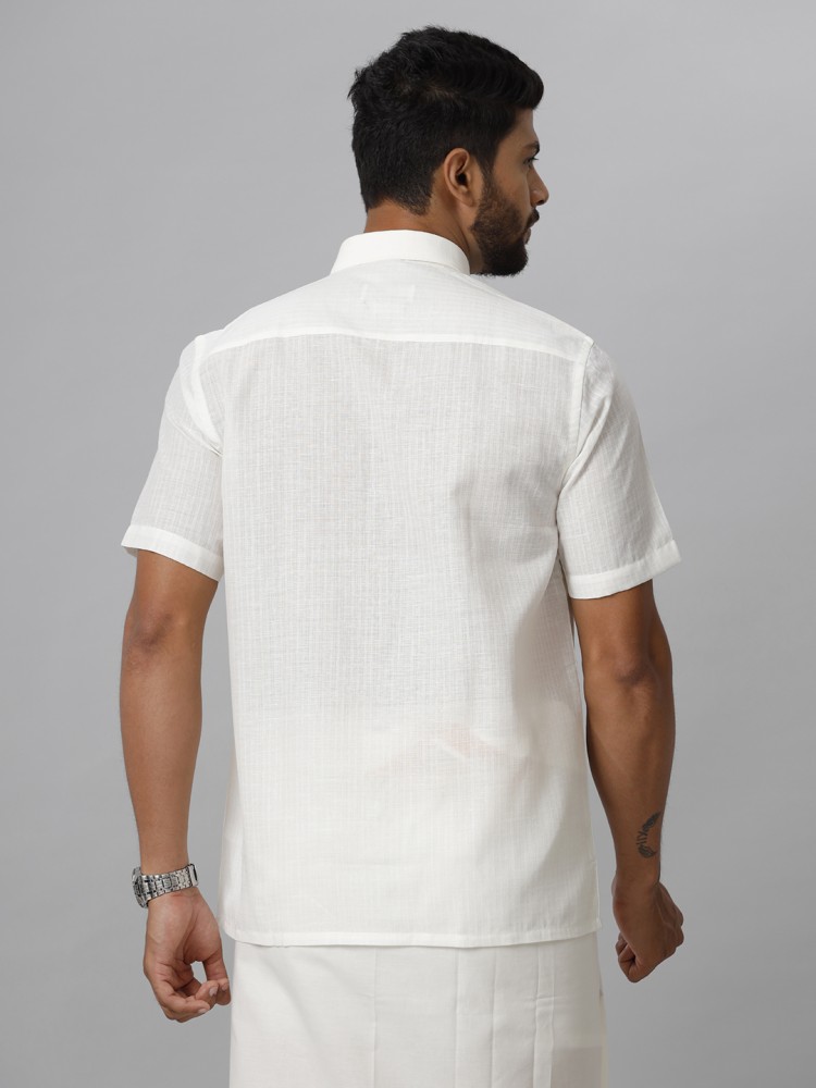 RAMRAJ COTTON Men Cotton Blend Solid Full Sleeve Cream Shirt