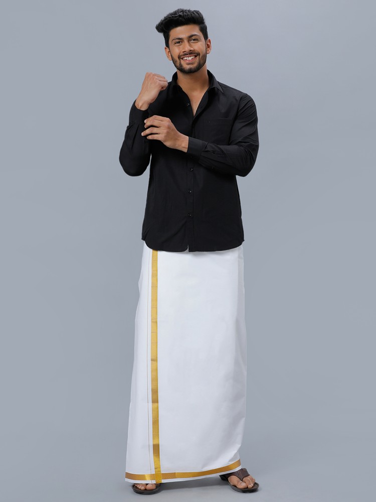 black shirt white lungi