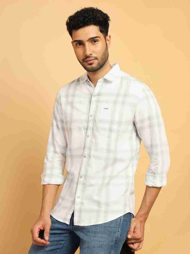 Wrangler Men Checkered Casual White, Light Green Shirt - Buy 