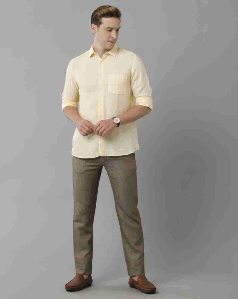 Linen Club Men Self Design Casual Yellow Shirt - Buy Linen Club