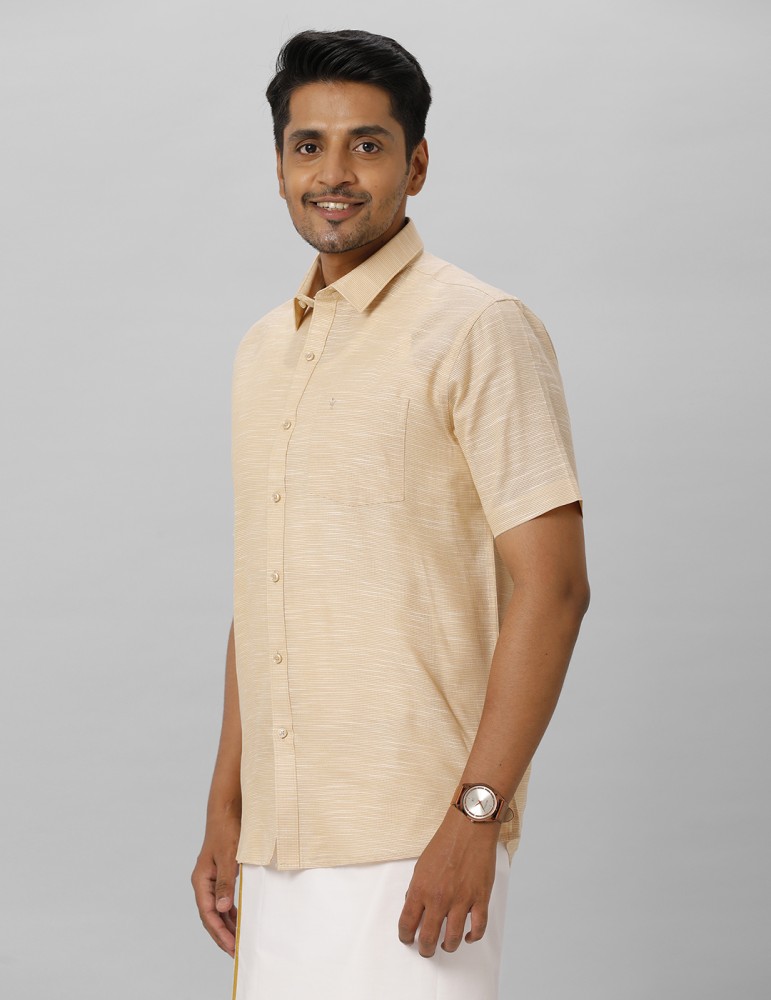 RAMRAJ COTTON Men Cotton Blend Solid Full Sleeve Cream Shirt
