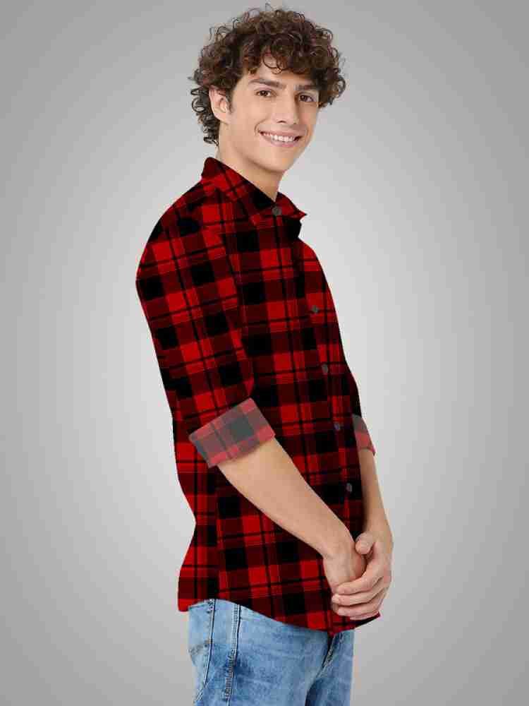 Red Black Plaid Hooded Shirt Men Long Sleeve Slim Fit Casual