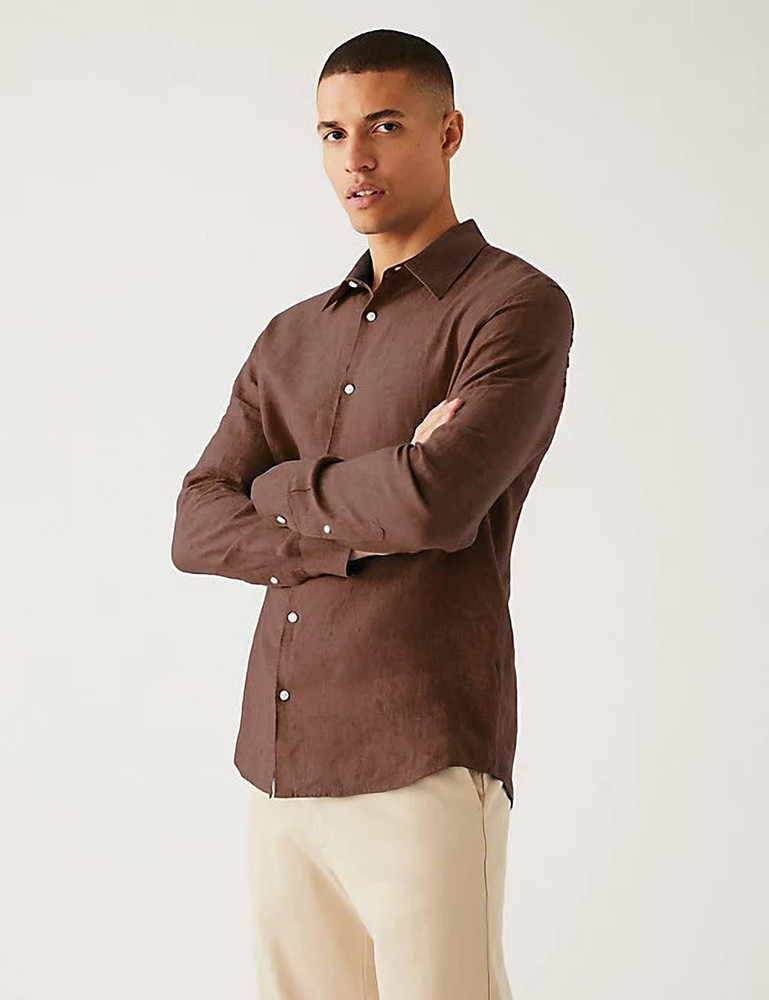 MARKS SPENCER Men Solid Casual Brown Shirt