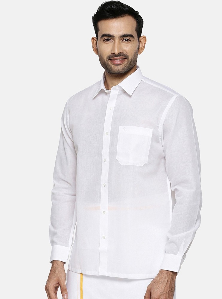 RAMRAJ COTTON Mens Solid Full sleeve Shirt Dhoti Set (M;White