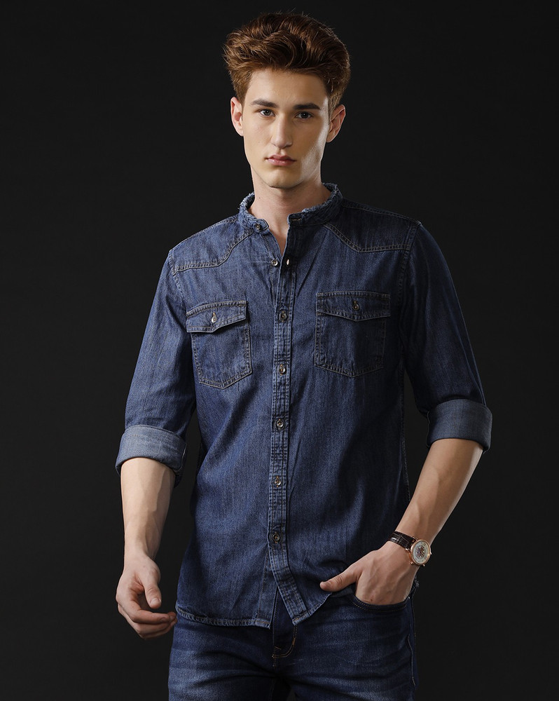 TEMPLE OF DENIM Men Washed Casual Blue Shirt Buy TEMPLE OF DENIM