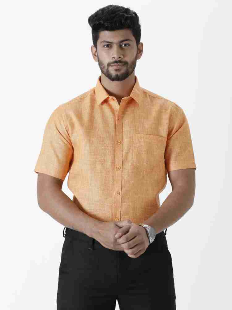 RAMRAJ COTTON Men Linen Solid Half Sleeve Green Shirt