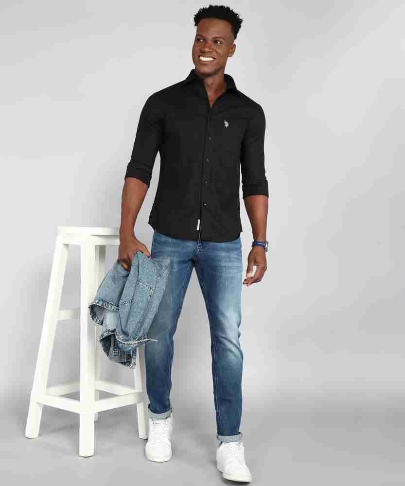 Black shirt and grey clearance jeans