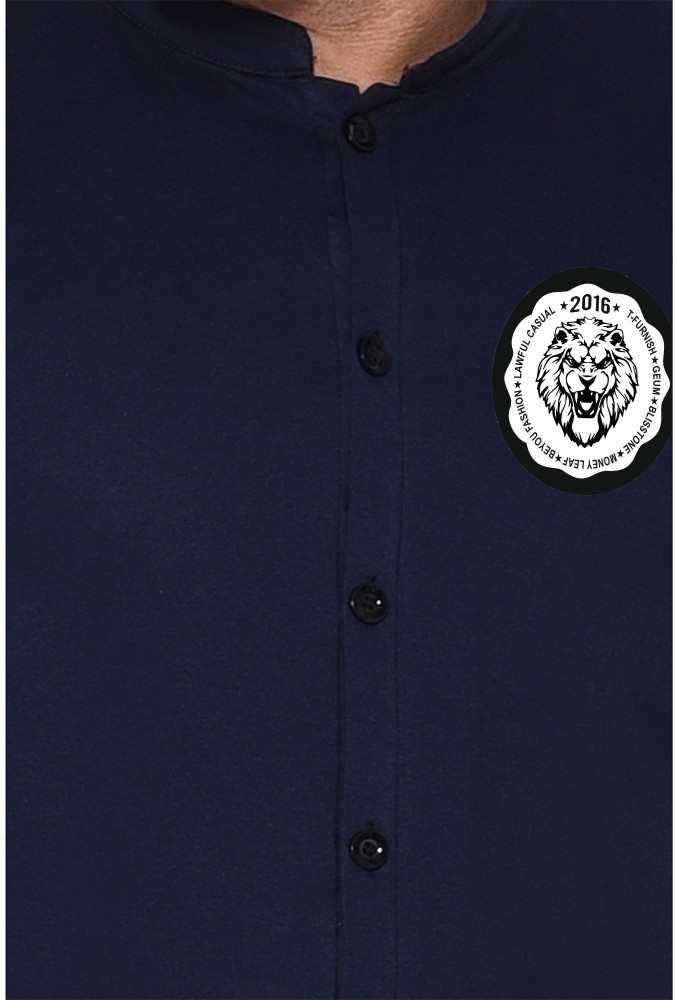 Tiger Navy Satin Mandarin Collar Shirt, SNITCH