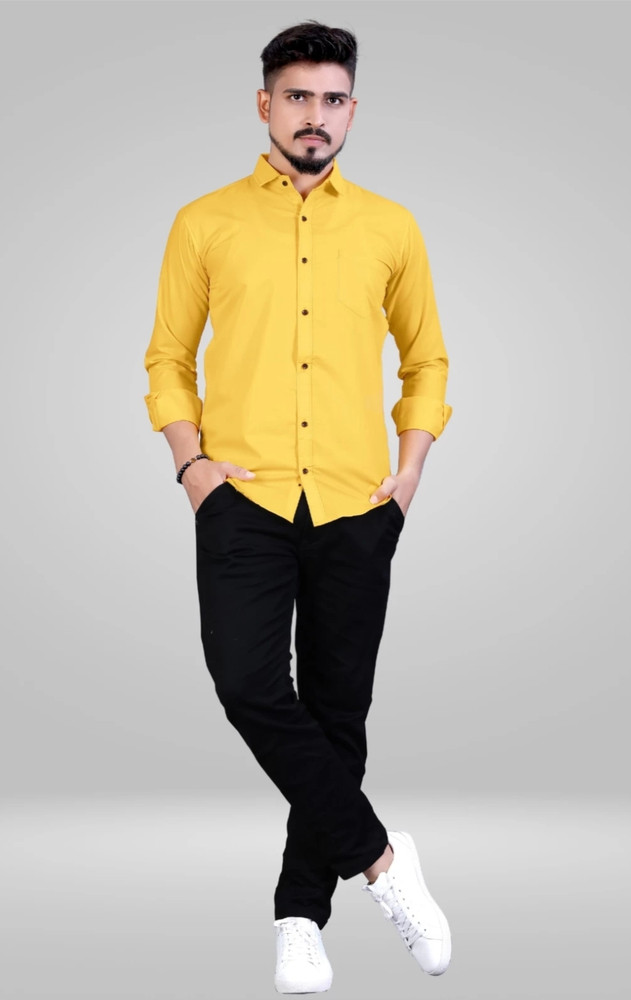 Yellow shirt top black pant