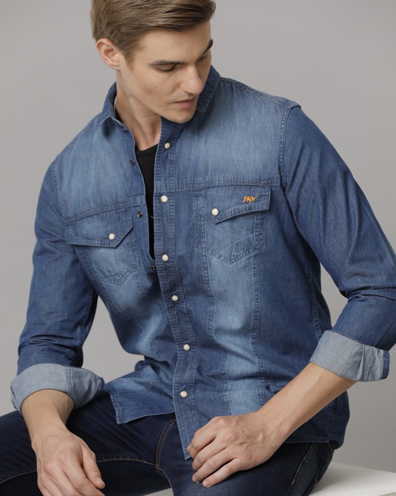 Temple Of Denim Men Solid Casual Blue Shirt