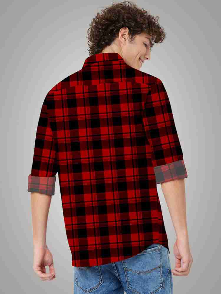 red and black check shirt with hood