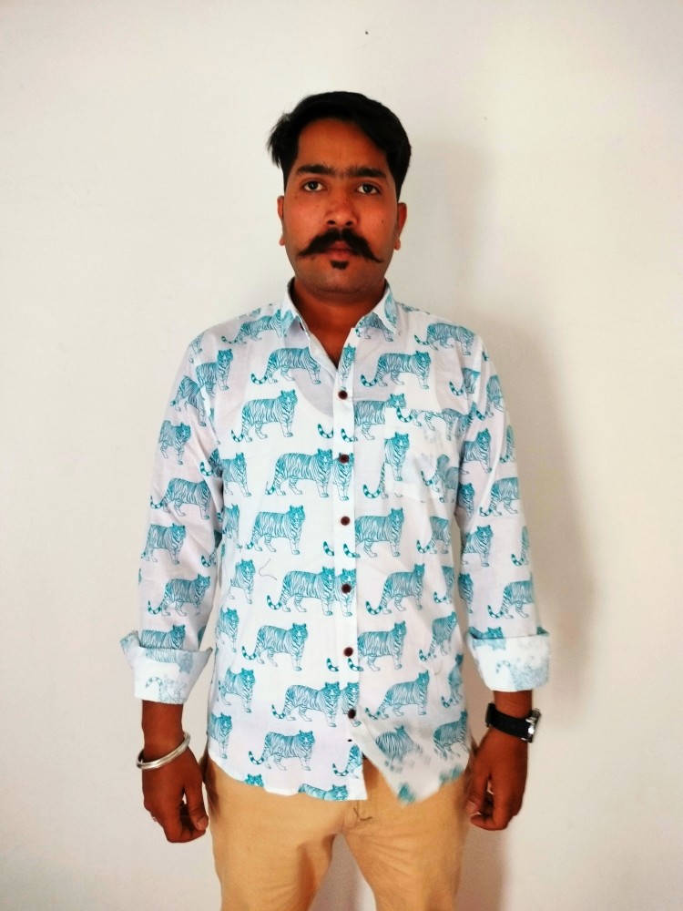 Casual Linen Mens Sanganeri Print Shirt, Full Sleeves