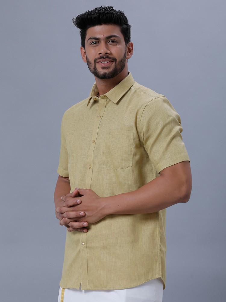 RAMRAJ COTTON Men Yellowish Green Solid Half Sleeve Shirt (38